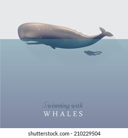 sperm whale with scuba diver vector illustration