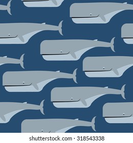 Sperm whale seamless pattern. Blue blower vector background. Great underwater dweller. Ornament for fabric marine style