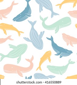 Sperm whale seamless pattern. Colorful whale vector background. 