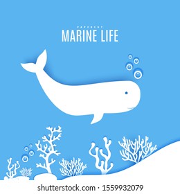 Sperm whale under sea in paper cut style. Papercut 3d element marine life undersea algae and coral. Vector ecological concept. Craft cardboard underwater ocean in blue white color.