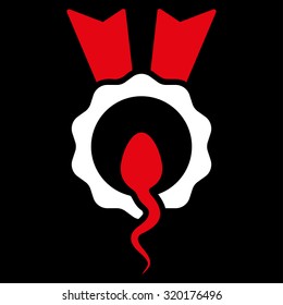 Sperm Winner vector icon. Style is bicolor flat symbol, red and white colors, rounded angles, black background.