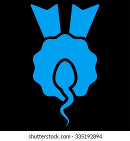 Sperm Winner vector icon. Style is flat symbol, blue color, rounded angles, black background.