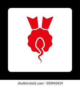 Sperm Winner vector icon. Style is flat rounded square button, red and white colors, black background.
