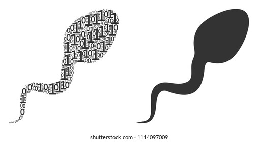 Spermatozoon collage icon of zero and one symbols in variable sizes. Vector digits are arranged into spermatozoon mosaic design concept.