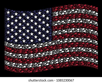 Spermatozoon items are grouped into waving United States flag stylization on a dark background. Vector collage of American state flag is done from spermatozoon items.