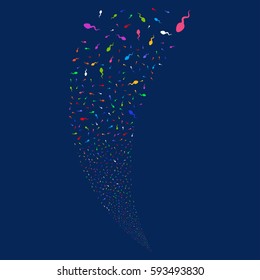 Spermatozoon random fireworks stream. Vector illustration style is flat bright multicolored iconic symbols on a blue background. Object fountain combined from scattered icons.