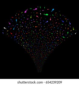 Spermatozoon salute stream. Vector illustration style is flat bright multicolored iconic symbols on a black background. Object stream fountain done from random pictograms.