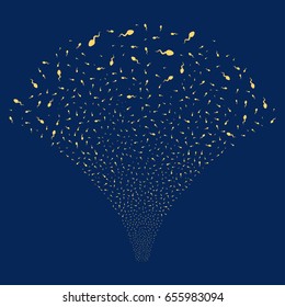 Spermatozoon salute stream. Vector illustration style is flat yellow iconic symbols on a blue background. Object fireworks fountain created from random pictographs.