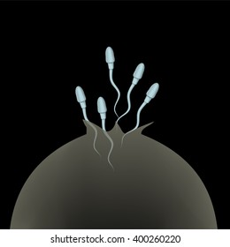 Spermatozoons (sperm) escaping from a broken (damaged, crashed) condom. Contraception problem. Illustration for web or typography (magazine, brochure, flyer, poster).