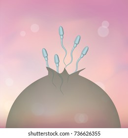 Spermatozoons, sperm escaping from a broken, damaged, crashed condom. Contraception problem. Illustration for web or typography, magazine, brochure, flyer, poster. Blurred pink background