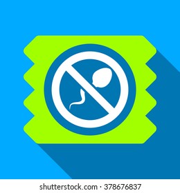 Spermicide Condom long shadow vector icon. Style is a flat light symbol with rounded angles on a blue square background.