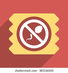 Spermicide Condom long shadow vector icon. Style is a flat light symbol on a red square background.
