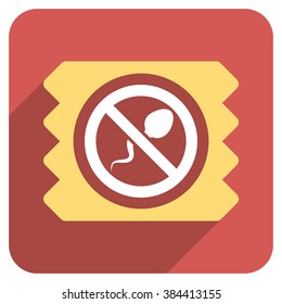 Spermicide Condom long shadow vector icon. Style is a flat symbol on a red rounded square button.