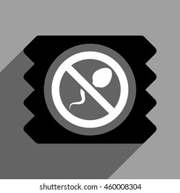 Spermicide Condom long shadow vector icon. Style is a flat spermicide condom black and white iconic symbol on a gray square background.