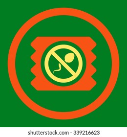 Spermicide Condom vector icon. Style is bicolor flat rounded symbol, orange and yellow colors, rounded angles, green background.