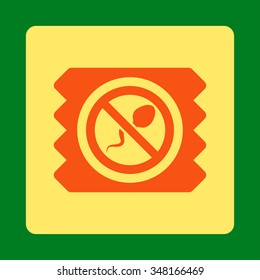 Spermicide Protection vector icon. Style is flat rounded square button, orange and yellow colors, green background.