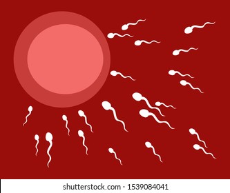 Spermotazoids move to the egg on a pink background. The process of the origin of life. Sex on the macro. Vector illustration in flat style.