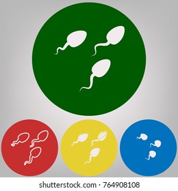 Sperms sign illustration. Vector. 4 white styles of icon at 4 colored circles on light gray background.