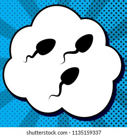 Sperms sign illustration. Vector. Black icon in bubble on blue pop-art background with rays.
