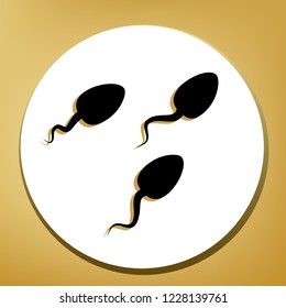 Sperms sign illustration. Vector. Black icon with light brown shadow in white circle with shaped ring at golden background.