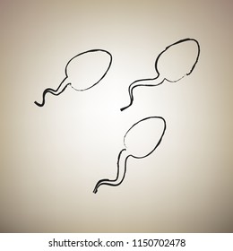 Sperms sign illustration. Vector. Brush drawed black icon at light brown background.