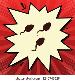 Sperms sign illustration. Vector. Dark red icon in lemon chiffon shutter bubble at red popart background with rays.