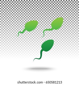 Sperms sign illustration. Vector. Green gradient icon with shadow at bottom on transparent and white background.