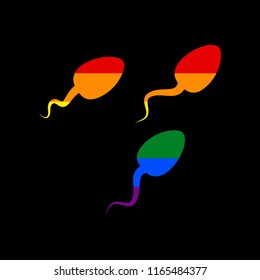Sperms sign illustration. Vector. Icon with colors of LGBT flag at black background.