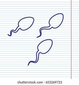 Sperms sign illustration. Vector. Navy line icon on notebook paper as background with red line for field.