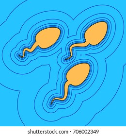 Sperms sign illustration. Vector. Sand color icon with black contour and equidistant blue contours like field at sky blue background. Like waves on map - island in ocean or sea.