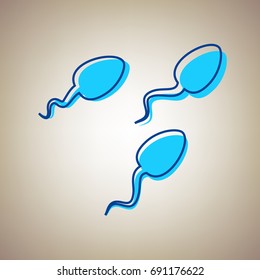 Sperms sign illustration. Vector. Sky blue icon with defected blue contour on beige background.