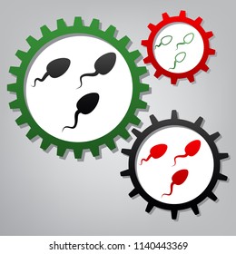 Sperms sign illustration. Vector. Three connected gears with icons at grayish background.