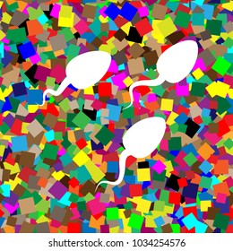 Sperms sign illustration. Vector. White icon on colorful background with seamless pattern from squares.