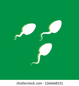 Sperms sign illustration. Vector. White flat icon with yellow striped shadow at green background.