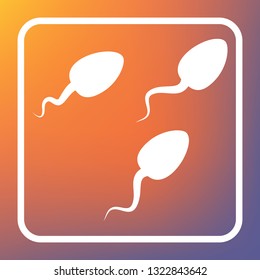 Sperms sign illustration. Vector. White icon on transparent button at orange-violet gradient background.