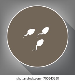 Sperms sign illustration. Vector. White icon on brown circle with white contour and long shadow at gray background. Like top view on postament.