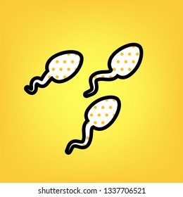 Sperms sign illustration. Vector. Yellow polka dot white icon with black contour at warm yellow background.