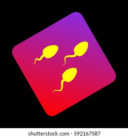 Sperms sign illustration. Vector. Yellow icon at violet-red gradient square with rounded corners rotated for dynamics on black background.