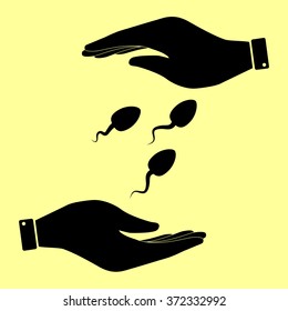 Sperms sign. Save or protect symbol by hands.