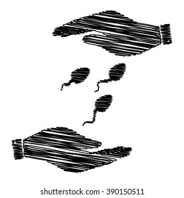 Sperms sign. Save or protect symbol by hands with scribble effect.