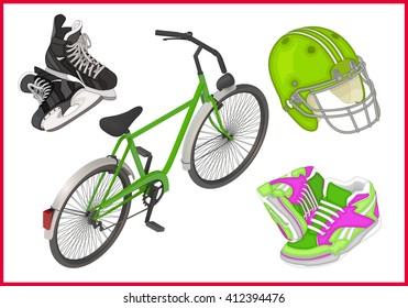 Spert equipment set of isometric flat vector 3d illustrations - ice skates, bicycle, sneakers for running, football rugby helmet. 
