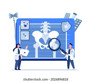 Spesialists traumatologist orthopedist Doctors Surgeons Examine Hip Joint Pain.Arthoplasty,Osteoarthritis Research.Clinical Investigation.Online Medical Council Diagnostics.Digital Vector Illustration