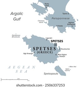 Spetses, isla griega, mapa político gris. Pequeña isla y municipio en el Mar Egeo, y parte de las Islas Sarónicas, con la ciudad principal de Spetses, y con la isla vecina de Spetsopoula.