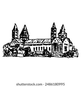 Speyer Cathedral in Germany. Catholic Christian temple. Hand drawn doodle rough sketch. Black and white silhouette. The Imperial Cathedral Basilica of the Assumption and St Stephen.