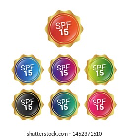 SPF 15 - glossy labels or tags. circle sticker with gradient color.trendy color. modern design.set 