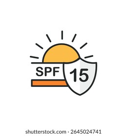 SPF 15 Protections | Sun Protection Factor Levels in Icon Set | Sunscreen Label Icons for Skincare Packaging.
