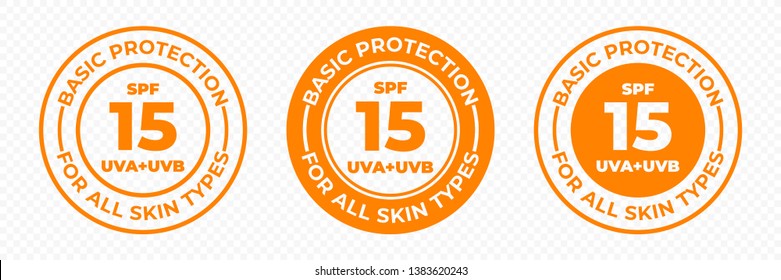 SPF 15 sun protection UVA and UVB vector icons. SPF 15 basic UV protection skin lotion and cream package label