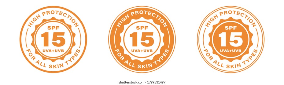 SPF 15 sun protection, UVA and UVB vector icons. SPF 15 high UV protection skin lotion and cream package label. Information label. Vector illustration.