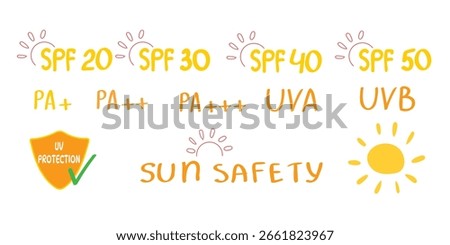 SPF 20 30 40 50, PA+, UVA UVB, sun safety hand lettering, icons, UV shield, skin care