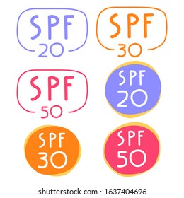 Spf 20, 30, 50. Sun protection concept. 
Set of vector illustrations on white background.